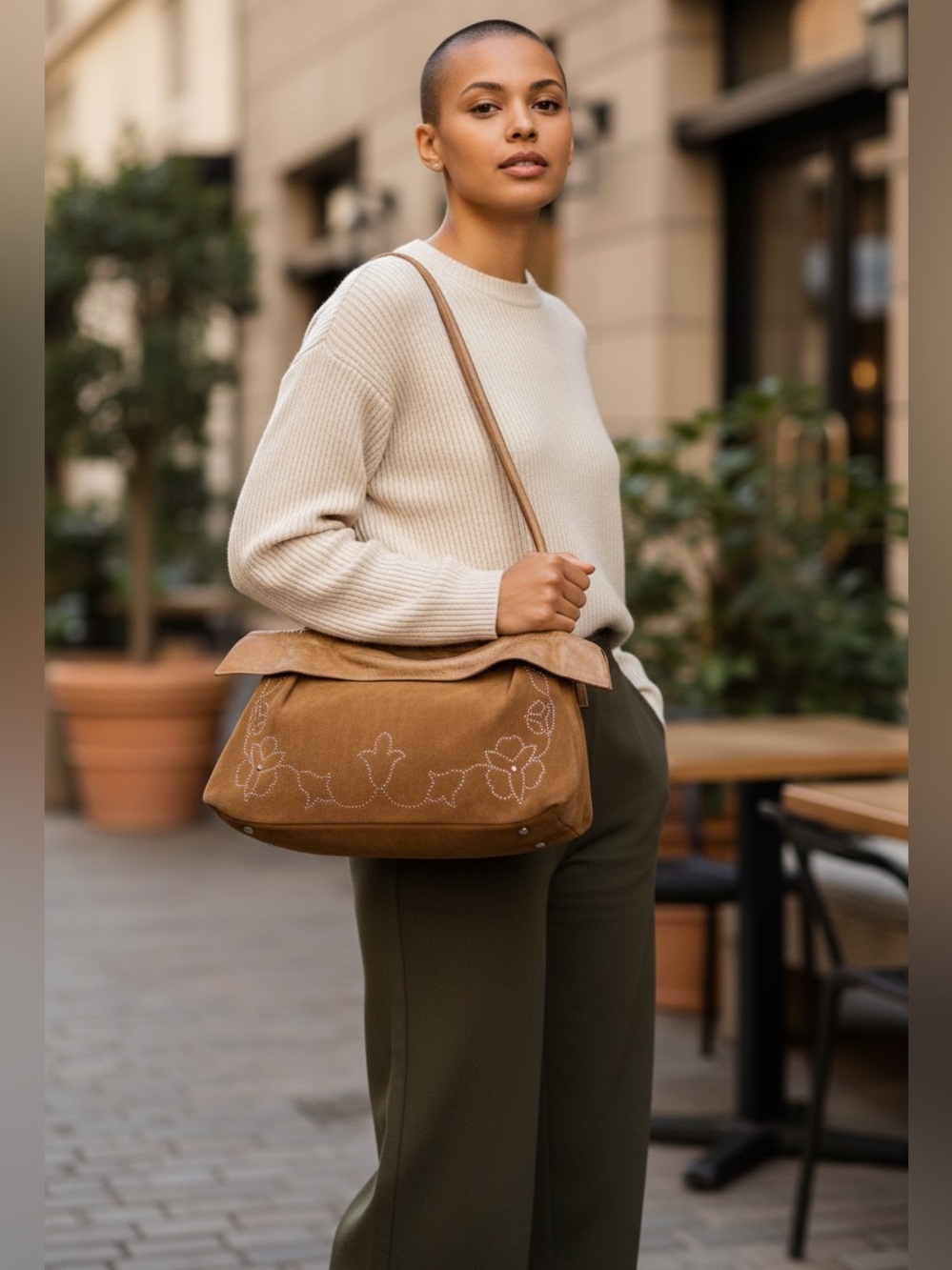 Roberta Gandolfi Tan Floral Embellished Embroidery Genuine Suede Leather Shoulde